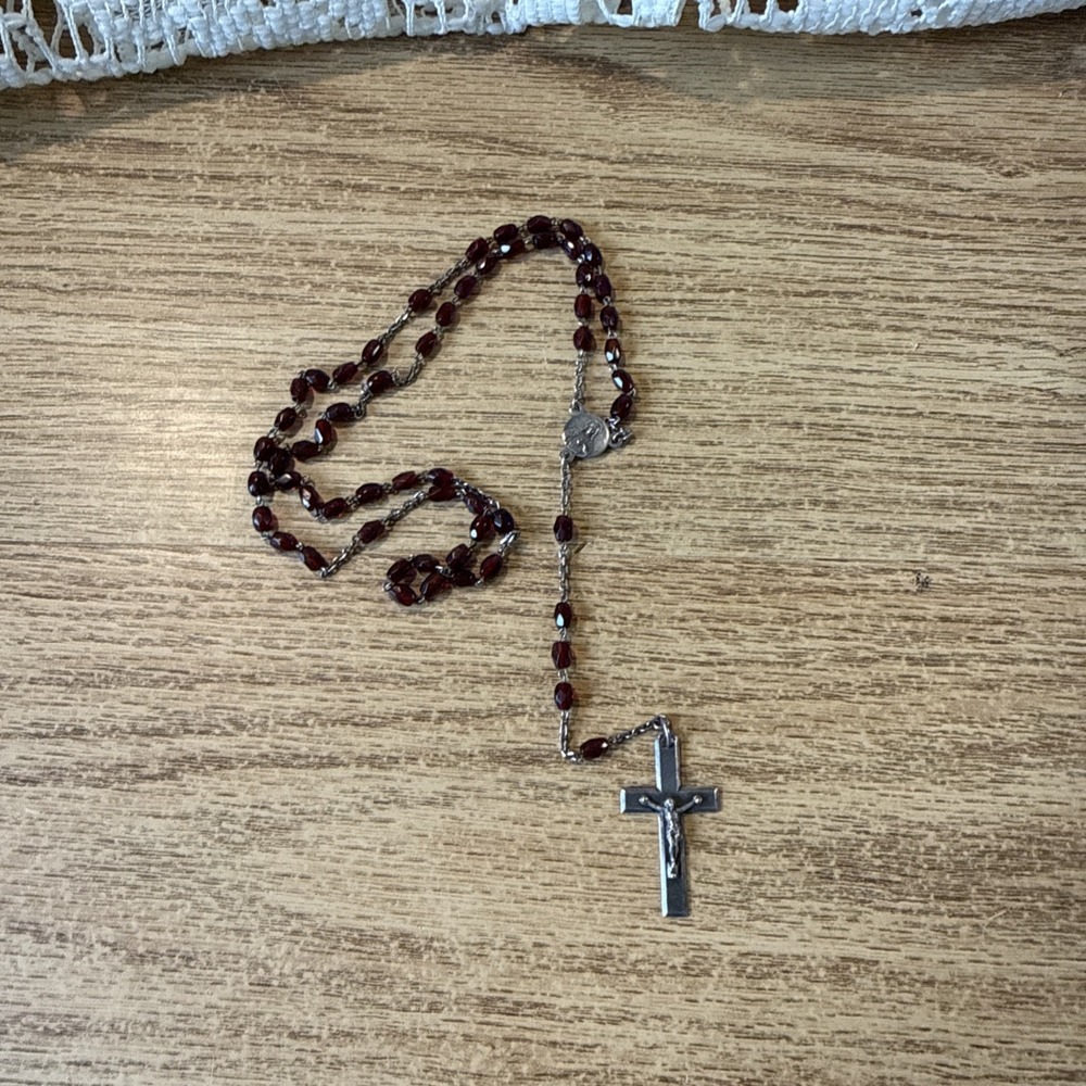 Catholic Rosary Cross  Brownish / Red Flat Oval Beads